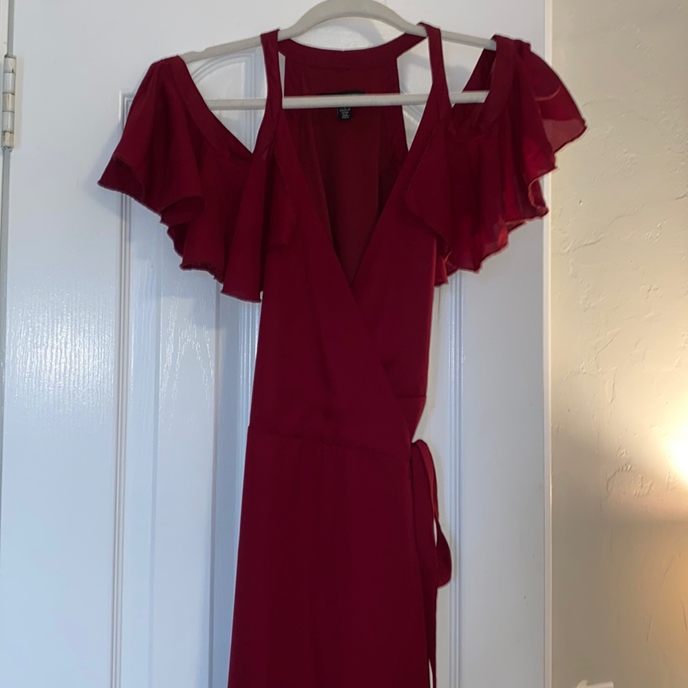 Jodi Kristopher wine-red formal wrap dress